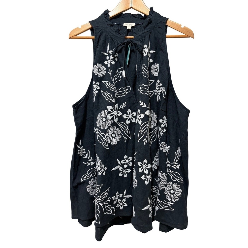 Pilcro Black Embroidered Tank Top 3X Plus Floral Linen Blend Boho NWT